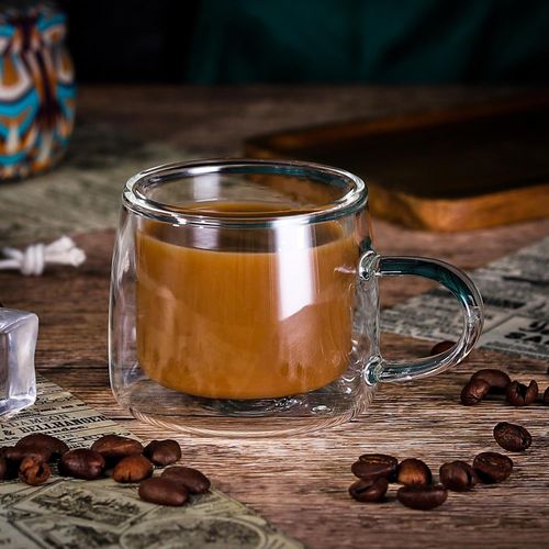 Set of two 80ml Vinsani Kafo double‑walled borosilicate glasses for hot and cold drinks.