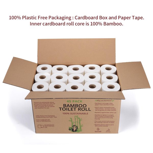 Pack of 45 sustainable 3‑ply bamboo toilet rolls made from organic bamboo.