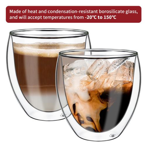Set of two 100ml double‑walled borosilicate glasses for hot and cold drinks.