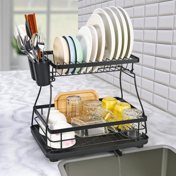 2‑tier stainless steel dish drying rack with detachable design and rotating drainage spout.