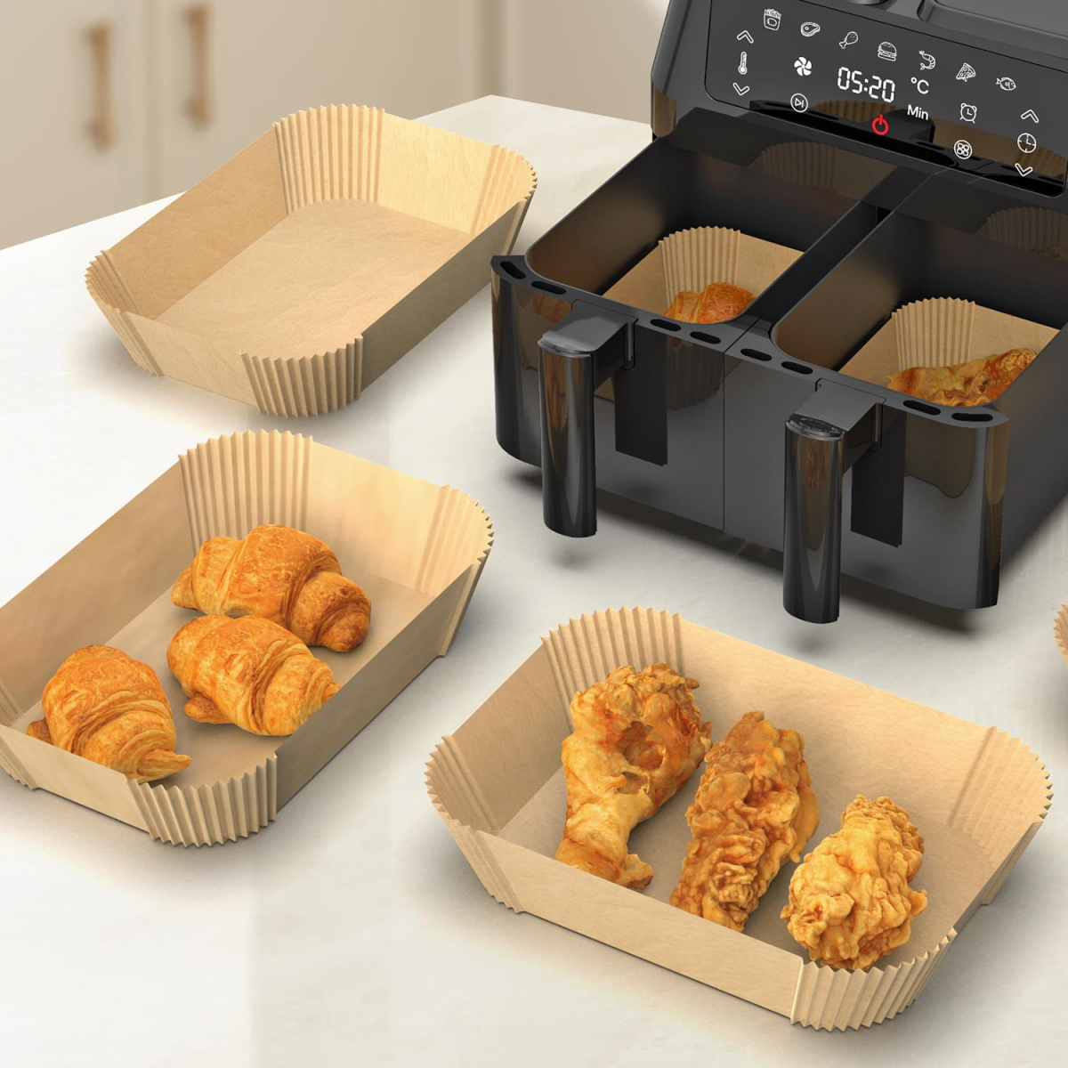 Non‑stick silicone‑coated air fryer paper liners made from wood pulp, sized 21.8 × 14cm.